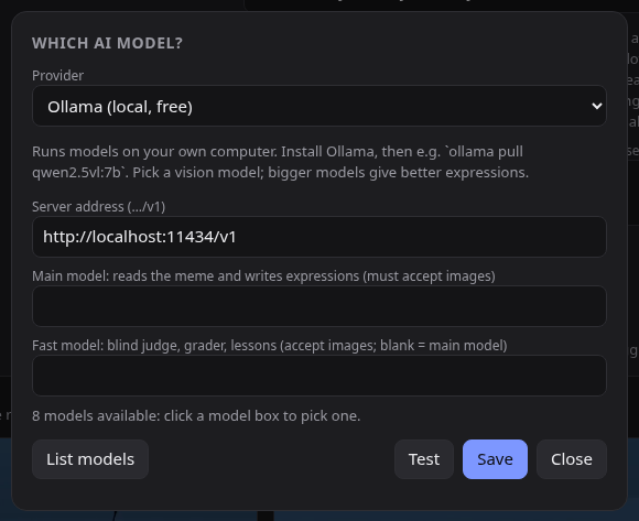 LLM settings panel with Ollama selected